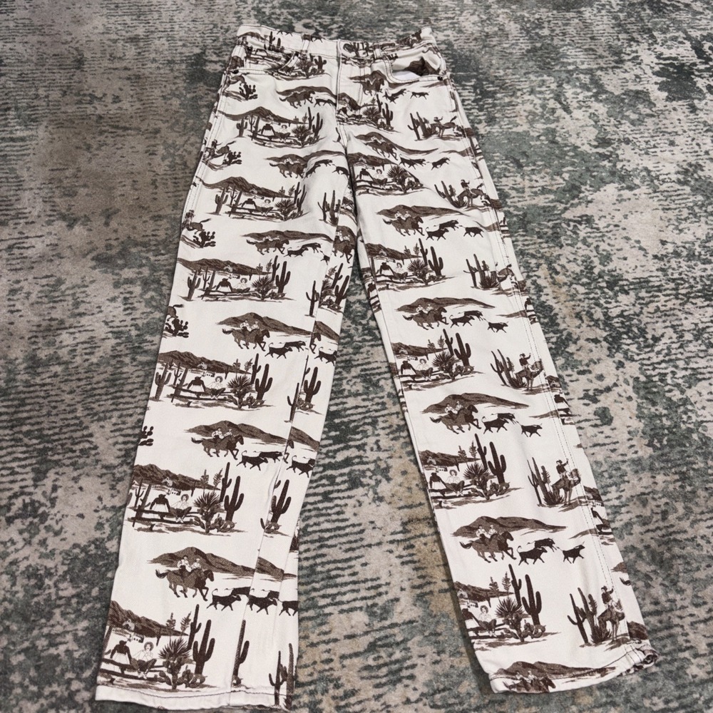 Reformation White Jeans with Brown Western Print